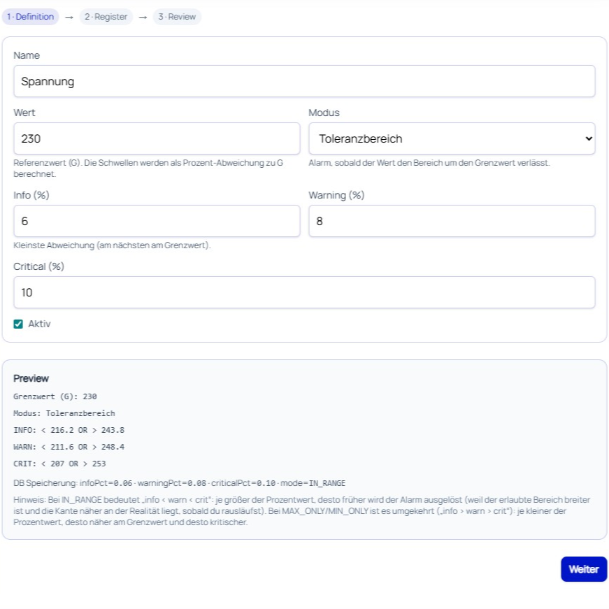 Alarmkonfiguration – Schritt 1
